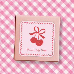 Bow Cherry Roze & Rode Hand getrokken Baby Meisje Vierkante Sticker
