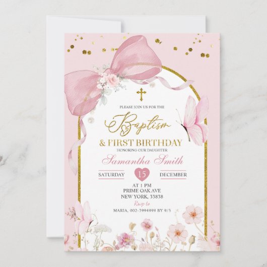 Bow Coquette Blush Pink Baptism & 1st Birthday Kaart (Voorkant)