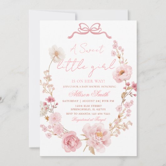 Bow Coquette Blush Pink Bow Baby Shower Invitation Kaart (Voorkant)