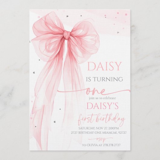 Bow Coquette Pink 1st Birthday Kaart (Voorkant)