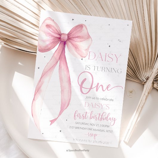 Bow Coquette Pink 1st Birthday Kaart