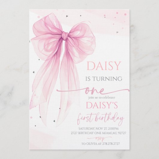 Bow Coquette Pink 1st Birthday  Kaart (Voorkant)