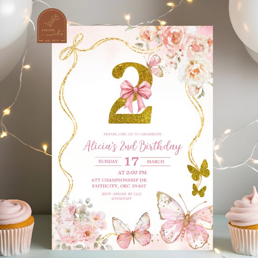 Bow Coquette Pink Butterfly Second Birthday Kaart