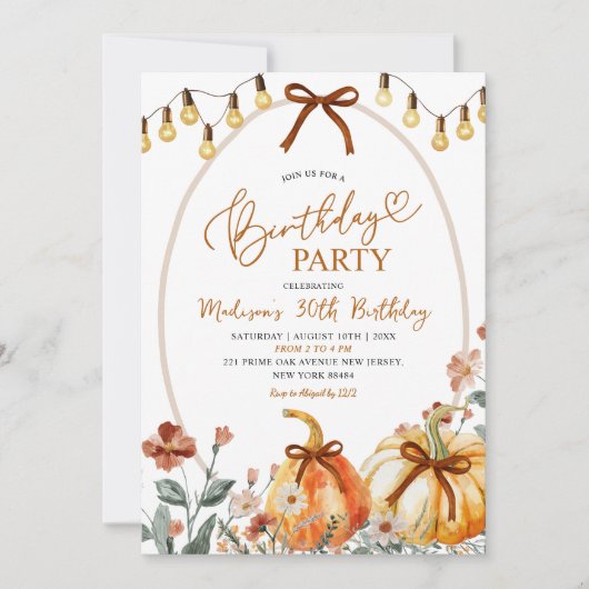 Bow Coquette Pumpkin Wildflower Birthday Party Kaart (Voorkant)