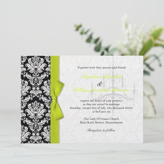 Bow en Chandelier Damask Wedding Invitation Kaart (Staand voorkant)