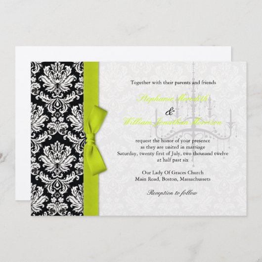 Bow en Chandelier Damask Wedding Invitation Kaart (Voorkant / Achterkant)