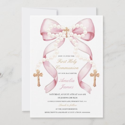 Bow et perles Holy Communion Invitation | Élégant (Devant)