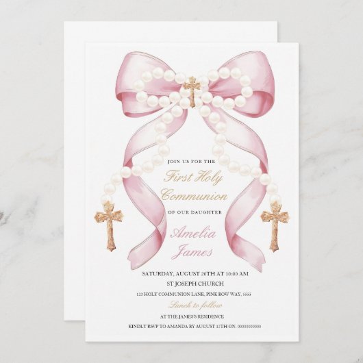 Bow et perles Holy Communion Invitation | Élégant (Devant / Derrière)
