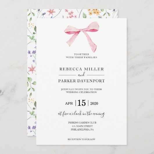 Bow Faire-part de mariage fleurie élégante tendanc (Devant / Derrière)