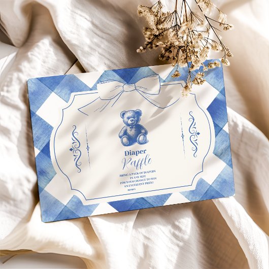 Bow Gingham Franse Teddybeer Diapper Raffle Informatiekaartje