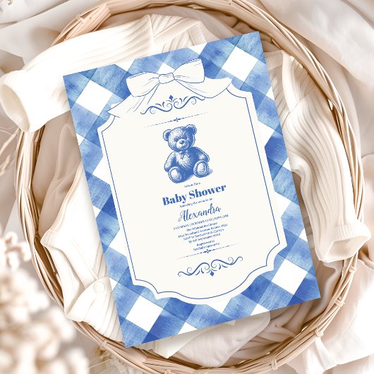 Bow Gingham French Teddy Bear Baby shower Kaart
