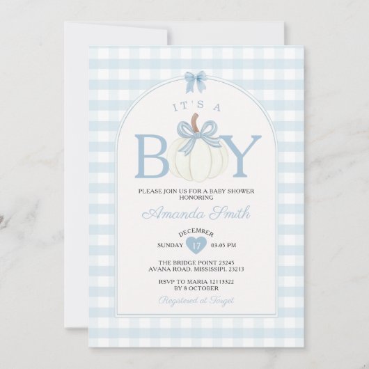 Bow It's A Boy Pumpkin Baby Shower Blue Gingham Kaart (Voorkant)