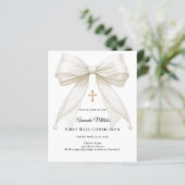 Bow ivory pearls girl First Communion invitation (Staand voorkant)