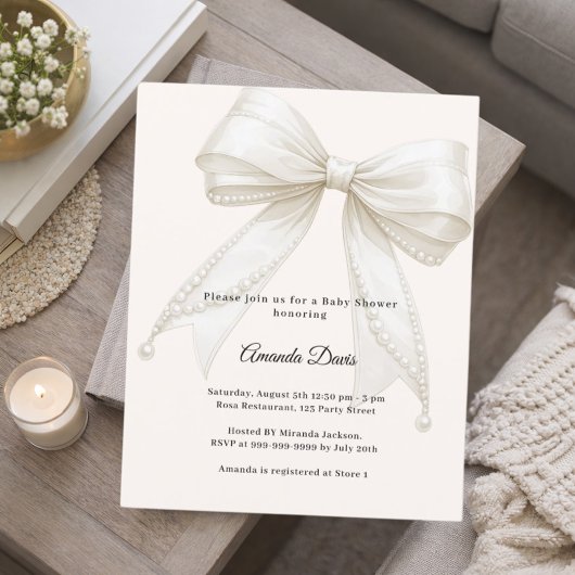 Bow ivory pearls luxury Baby Shower invitation