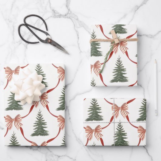 Bow Merry Christmas Watercolor Tree Wrapping Paper (Voorkant)