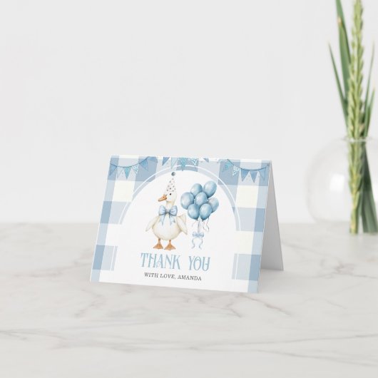 Bow One Silly Goose 1st Birthday Blue Gingham Bedankkaart (Voorkant)