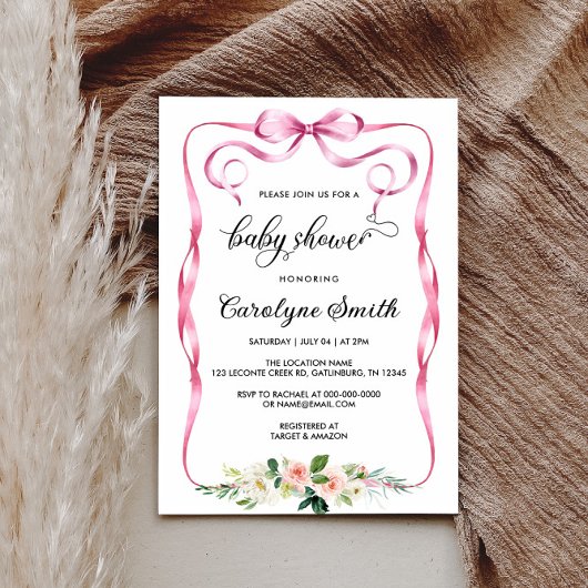 Bow Pink Baby shower Invitation Kaart