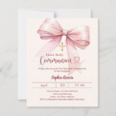 Bow pink girl cream First Communion invitation (Voorkant)