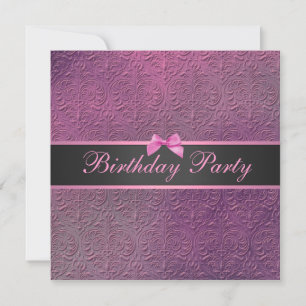 Bow & Roze Damask Birthday Invite Kaart