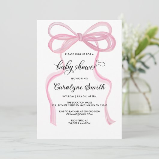 Bow Roze Meisje Baby shower Invitation Kaart (Staand voorkant)