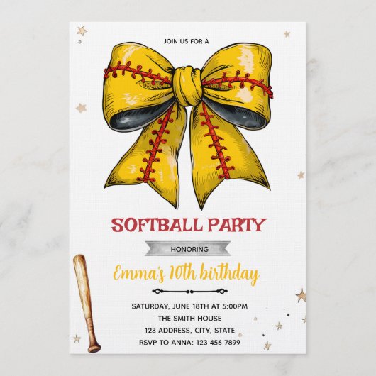 Bow softball party invitation (Devant)