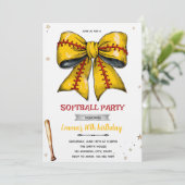 Bow softball party invitation kaart (Staand voorkant)