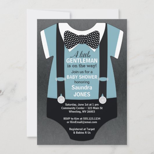 Bow Stropdas Baby shower Uitnodiging, Suspender Ui Kaart (Voorkant)