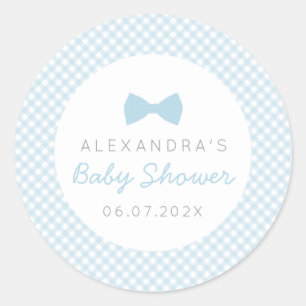 Bow stropdas blue gingham baby shower ronde sticker