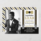 Bow Stropdas Graduparty Invitation, Black, Gold Kaart (Voorkant / Achterkant)