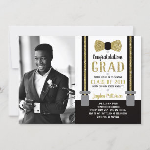 Bow Stropdas Graduparty Invitation, Black, Gold Kaart