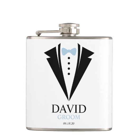 Bow Stropdas Tuxedo "Groom", gepersonaliseerd Heupfles (Voorkant)