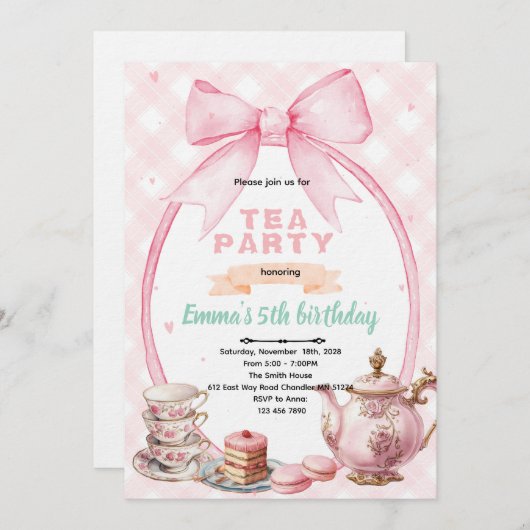 Bow tea party Invitation (Devant / Derrière)
