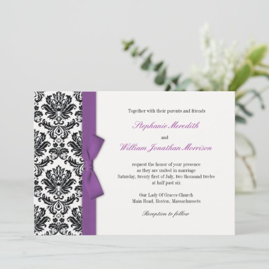 Bow violet avec Mariage damassé Invitation (Debout devant)