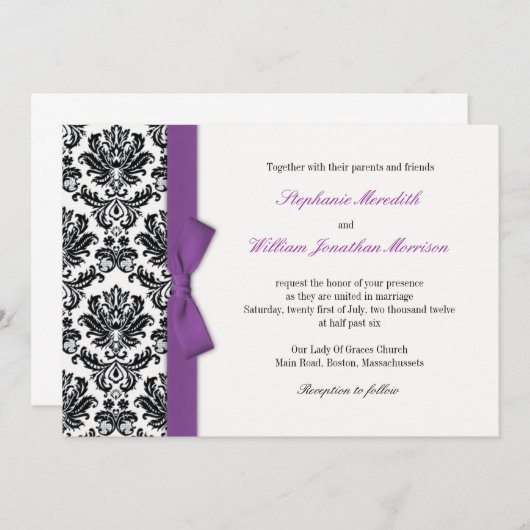 Bow violet avec Mariage damassé Invitation (Devant / Derrière)