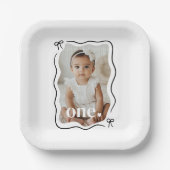 Bow Wavy Border Foto 1e verjaardag Papieren Bordje (Voorkant)