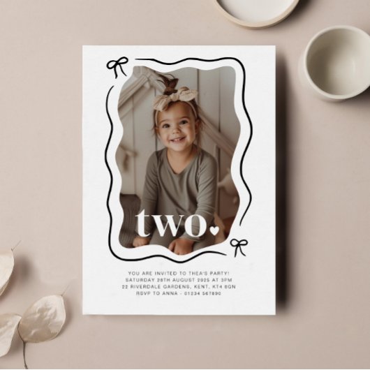 Bow Wavy Border Photo 2nd Birthday Invitation