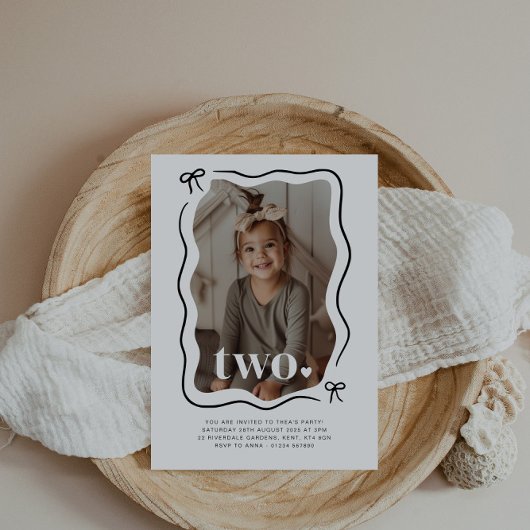 Bow Wavy Border Photo 2nd Birthday Invitation