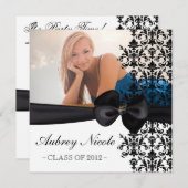 Bowed Floral Damask Afstuderen Invite [Black] Kaart (Voorkant / Achterkant)