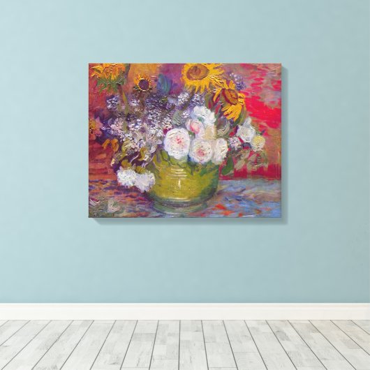 Bowl met zonnebloemen en Rozen van Vincent van Gog Canvas Afdruk (Insitu (Houten vloer))