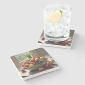 Bowl van fruit op tafel klassieke olieverfschilder stenen onderzetter (Zijkant)