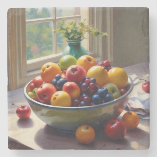 Bowl van fruit op tafel klassieke olieverfschilder stenen onderzetter (Voorkant)