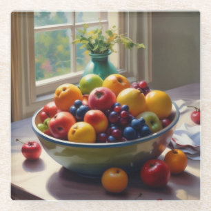 Bowl van fruit zittend op een tafel olieverfschild glazen onderzetter