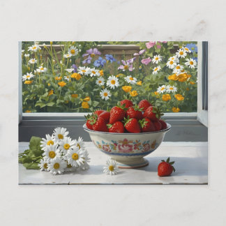 Bowl with Fresh Strawberries and Daisy Flowers  Briefkaart