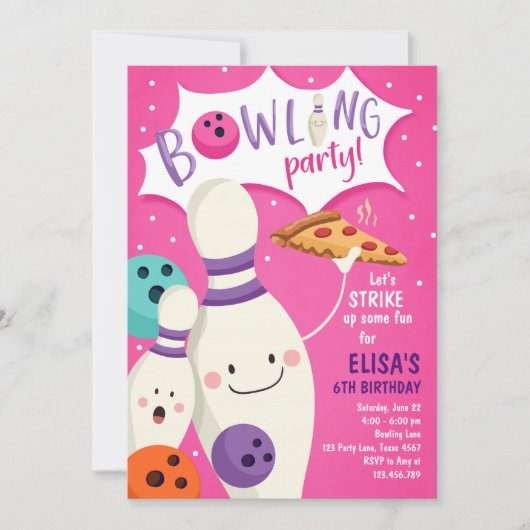 Bowling Anniversaire Invitation Fille Pink Pizza G (Devant)