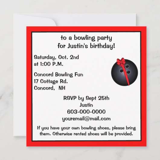 Bowling Ball avec Bow Invitation d'anniversaire (Dos)