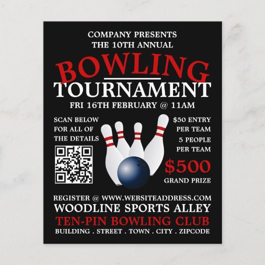 Bowling Ball & Pins, Ten-Pin Bowling Tournament Flyer (Voorkant)