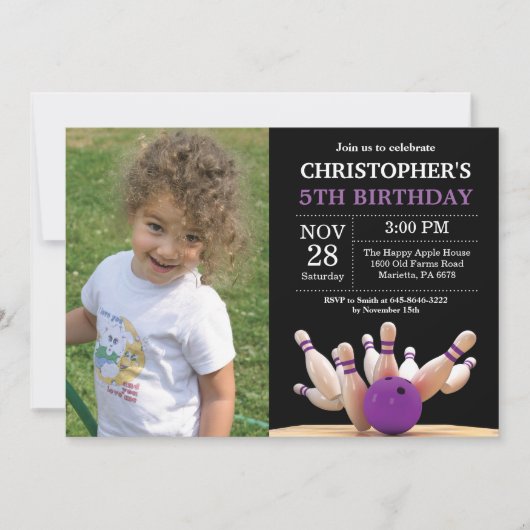 Bowling Birthday Invitation Birthday Party Paars Kaart (Voorkant)