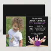 Bowling Birthday Invitation Birthday Party Paars Kaart (Voorkant / Achterkant)