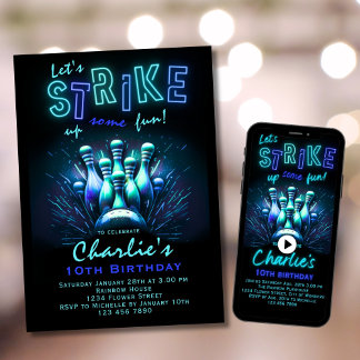 Bowling Birthday Invitation Boys Blue Neon Bowling