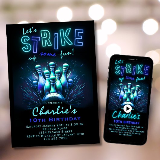 Bowling Birthday Invitation Boys Blue Neon Bowling